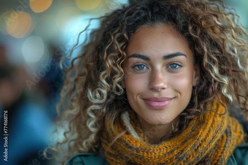 Charming portrait of a curly-haired woman smiling warmly in a casual outdoor setting