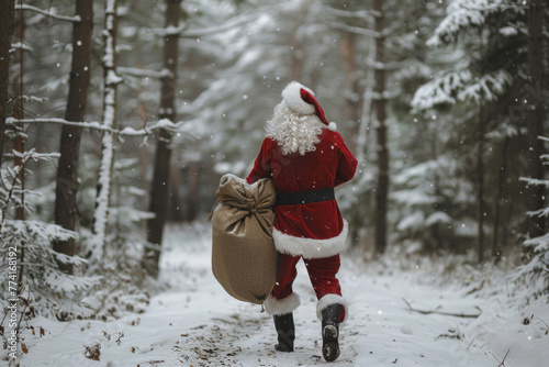 A Santa Claus walking through a snowy forest carrying a large sack of presents