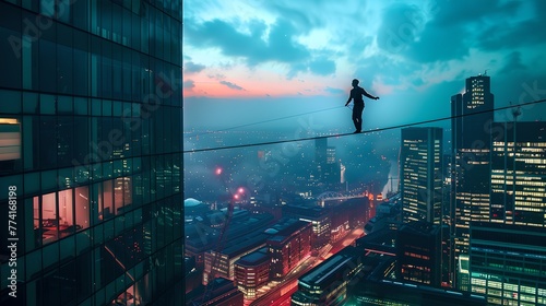 Silhouetted figure balances on a tightrope between skyscrapers at dusk. Urban thrill-seeker takes a risk above city lights. A metaphor for risk and ambition in business. AI photo