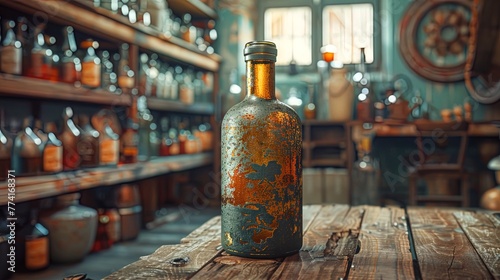 Vintage photograph featuring an old antique bottle, showcasing its aged and weathered appearance w photo