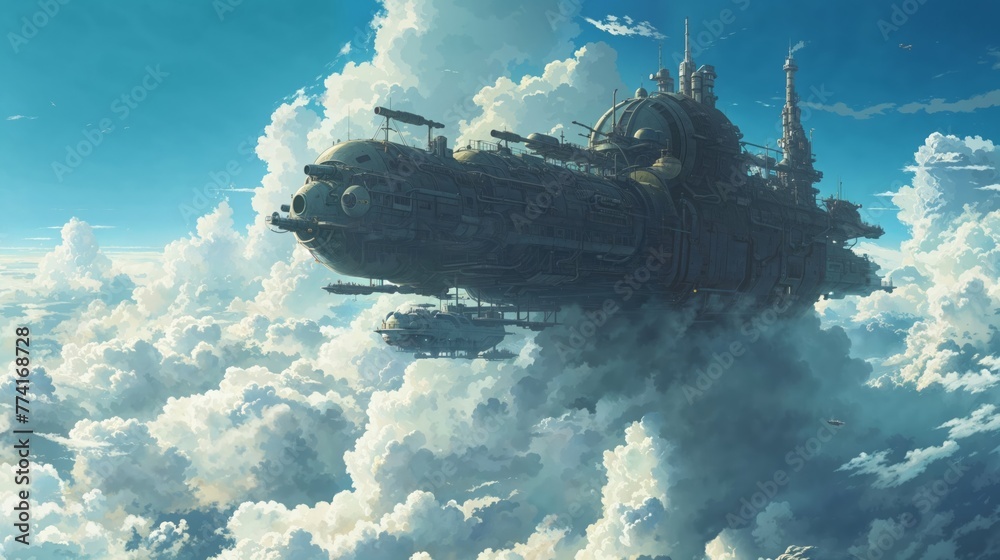 flying fortress in the sky, steampunk, dieselpunk style - obrazy, fototapety, plakaty 