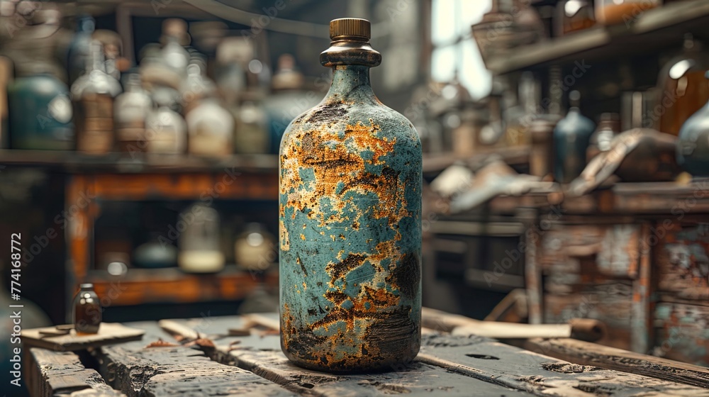 Artistic portrayal of an old and weathered antique bottle, highlighting its timeless beauty and ch