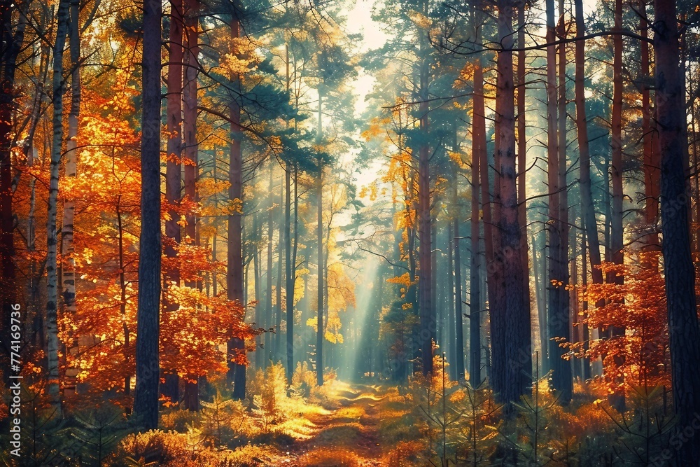 Autumn forest nature. Vivid morning in colorful forest with sun rays through branches of trees. Scenery of nature with sunlight. generative ai.