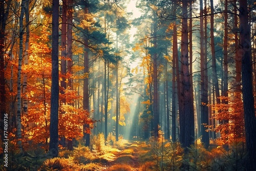 Autumn forest nature. Vivid morning in colorful forest with sun rays through branches of trees. Scenery of nature with sunlight. generative ai. © SEUNGJIN