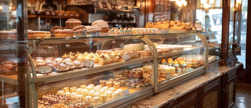 A wide-angle shot capturing an extensive assortment of baked goods in a traditional bakery display, ranging from muffins to elaborate pastries.