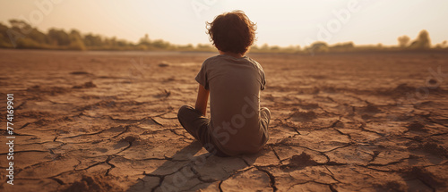 Boy sits sadly and hopeless on the dry, cracked earth.