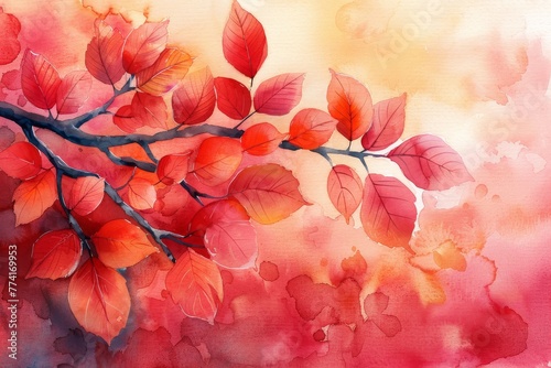 Warm red and orange watercolor leaves gracefully extend from dark branches against a harmonious red backdrop