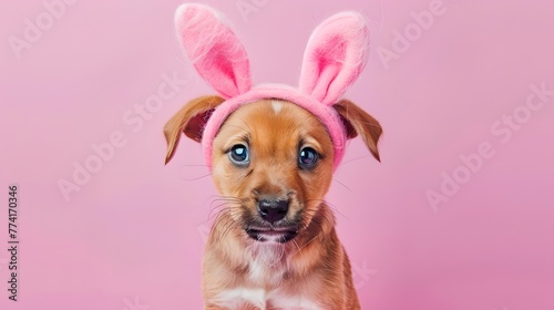 Adorable Puppy with Pink Bunny Ears on Pink Background, Perfect for Easter Celebrations. Cute Dog Portrait, Simple Style. Great for Greeting Cards. AI