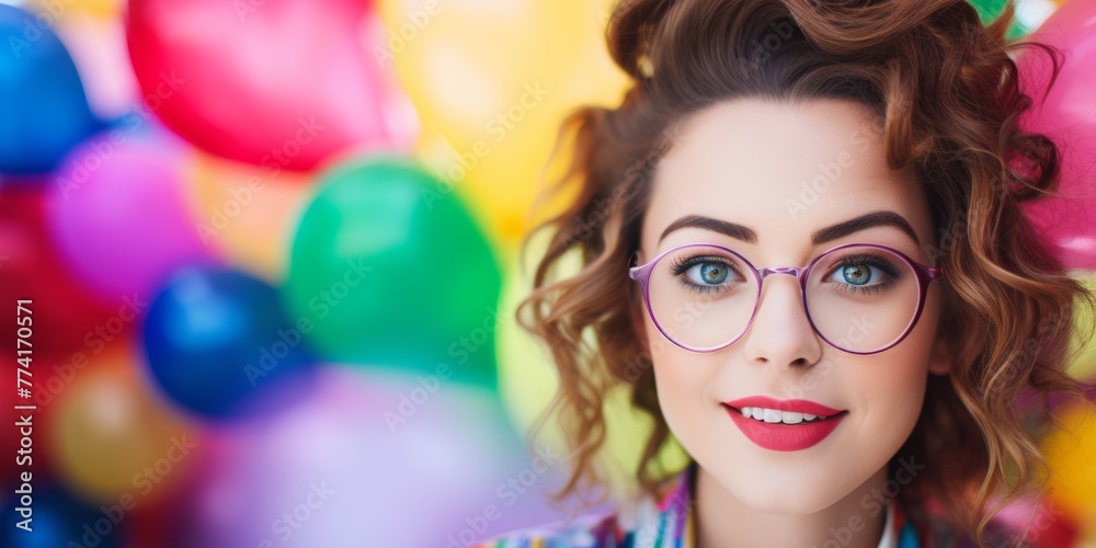 Portrait of beautiful woman with inflatable rainbow balloons. Generative AI. Portrait of beautiful woman with inflatable rainbow balloons. Generative AI.