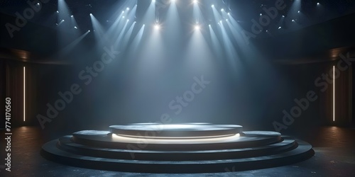 Empty 3D arena stage with spotlights and abstract design perfect for awards ceremonies or entertainment events. Concept 3D Design, Arena Stage, Spotlights, Abstract Design, Awards Ceremony