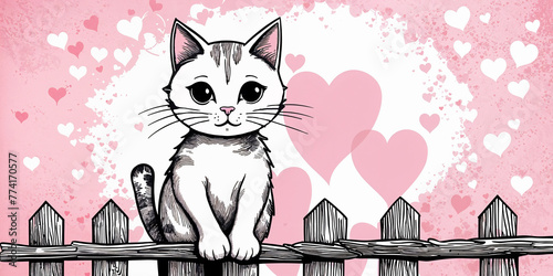 Illustration of a cat innocently peaking over a wooden fence with a lovely cute and friendly face - minimal pink backdrop outline drawing of endearment and affection.	