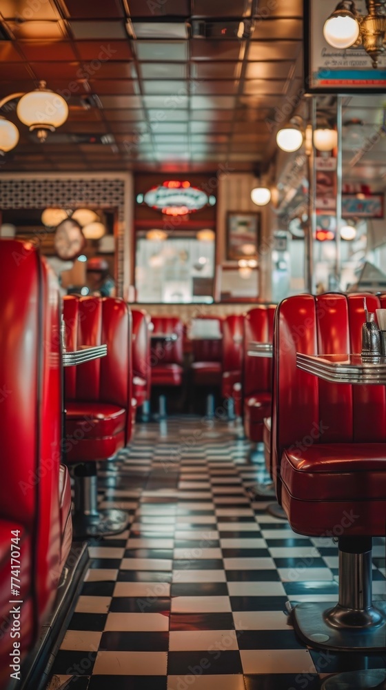 Classic American diner showcasing shiny red booths and a traditional checkered floor with a welcoming ambiance suitable for any time of day.