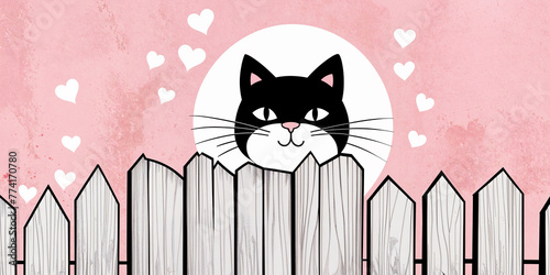 Illustration of a cat innocently peaking over a wooden fence with a lovely cute and friendly face - minimal pink backdrop outline drawing of endearment and affection.	