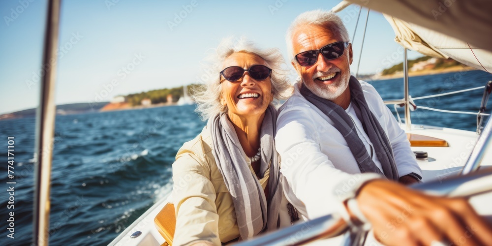 Relaxed of senior couple sailing luxury yacht. Generative AI.