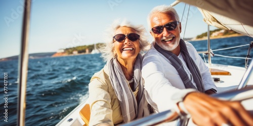 Relaxed of senior couple sailing luxury yacht. Generative AI. © Budjak Studio