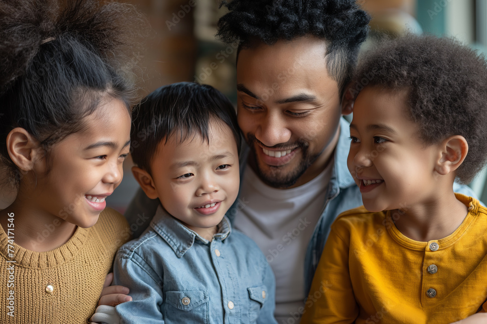 Happy multiethnic family posing to a picture together in their home. Smiling multi culture family mother, father and their children. Happy multiethnic family posing to a picture together in their home. Smiling multi culture family mother, father and their children.