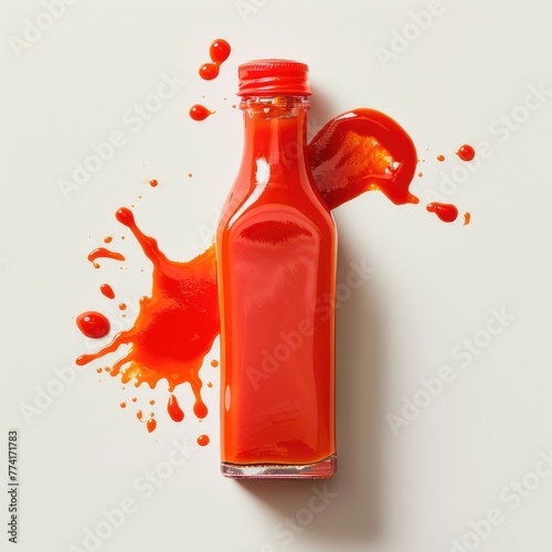 A bottle of hot chilli sauce with spilled the liquid