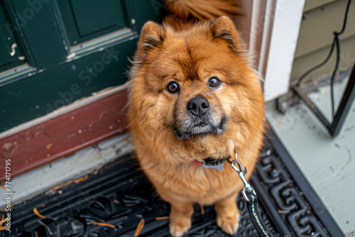 A Chow Chow dog sits on a taut leash, looking into the frame at its owner. The dog is asking to go for a walk. The dog eagerly anticipates a stroll with its owner.