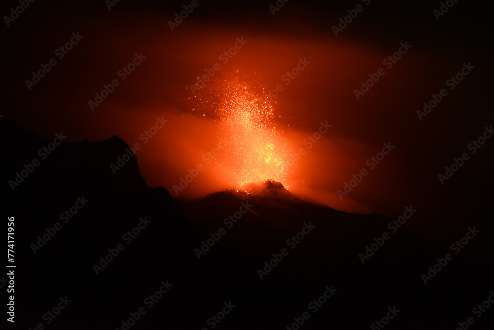 Eruption of the Stromboli in the Eolian Islands next to Sicily. Eruption of the Stromboli in the Eolian Islands next to Sicily.