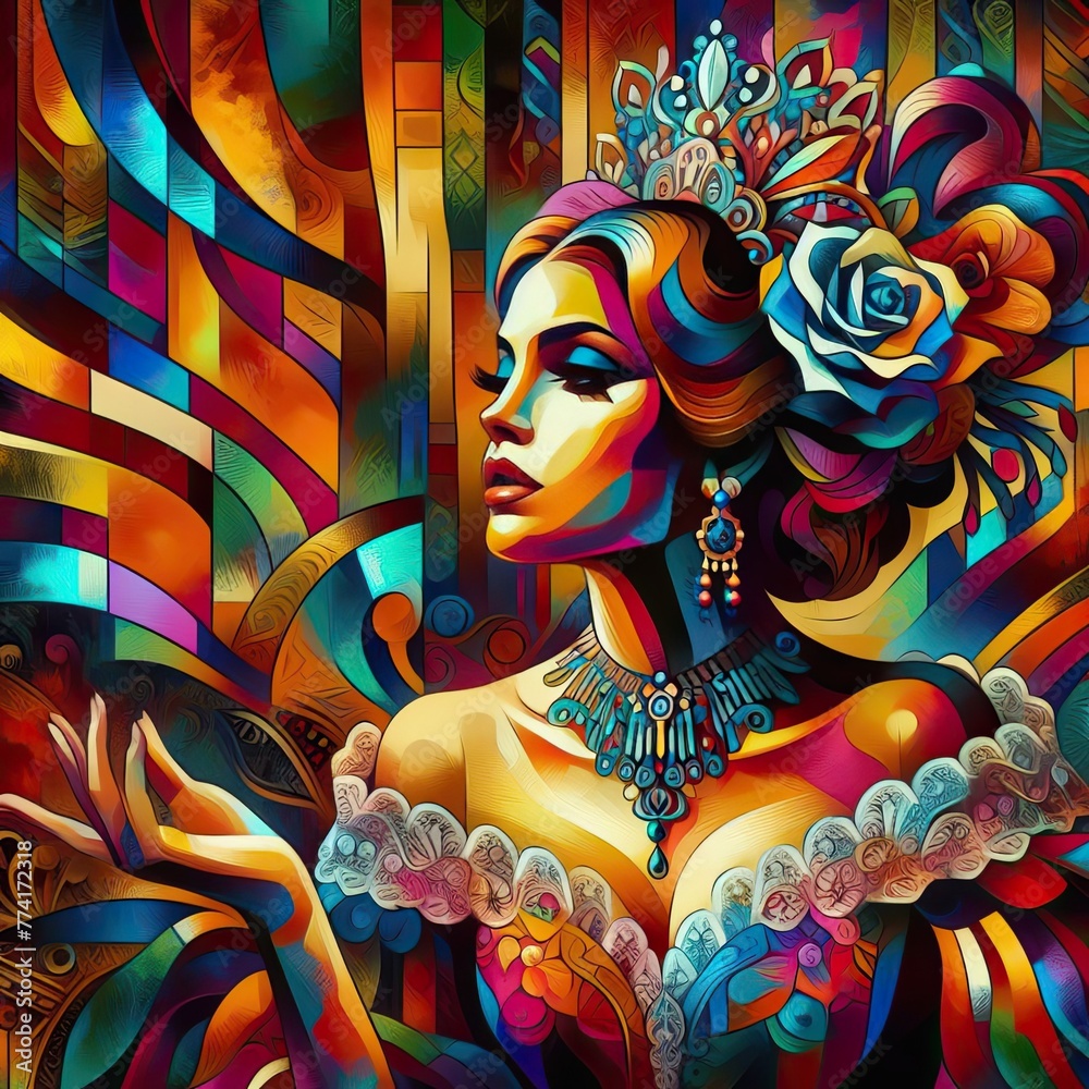 Vivid lively colorful abstract potrait of a 1950's royalty woman in the kingdom throne