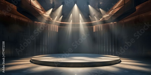 D Arena Stage with Spotlights and Abstract Design Ideal for Awards Ceremonies or Entertainment Events. Concept Stage Design, Spotlights, Abstract Decor, Awards Ceremonies, Entertainment Events