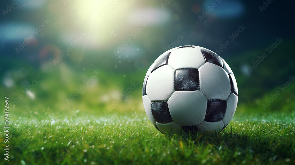 textured free soccer field in the evening light - center, midfield with the soccer ball