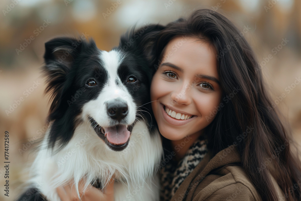 Attractive woman playing with her adorable curious border collie dog in the park Attractive woman playing with her adorable curious border collie dog in the park