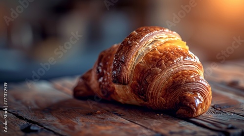 Inviting Scene of a Freshly Baked Croissant on a Rustic Table.