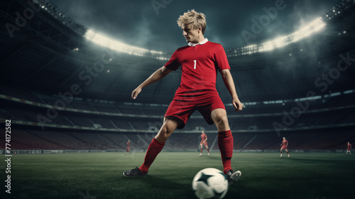 ootball World Championship: Soccer Player Runs to Kick the Ball. Ball on the Grass Field of Arena, Full Stadium of Crowd Cheers. International Tournament. Cinematic Shot Captures Victory. photo