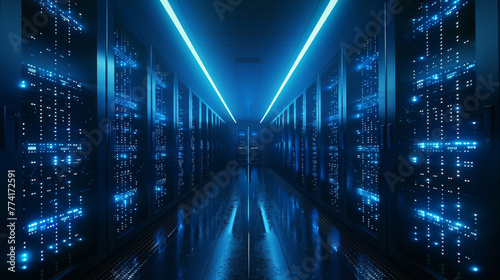 Future concepts: data centers, intelligent warehouses, digitized lines of information flowing through servers. SAAS, cloud computing, Web services