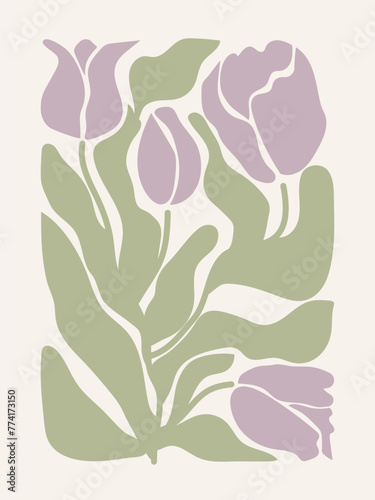 Abstract vector groovy tulips and leaves background. Florals poster in trendy retro aesthetic contemporary style. 