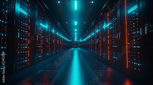 Future concepts  data centers  intelligent warehouses  digitized lines of information flowing through servers. SAAS  cloud computing  Web services