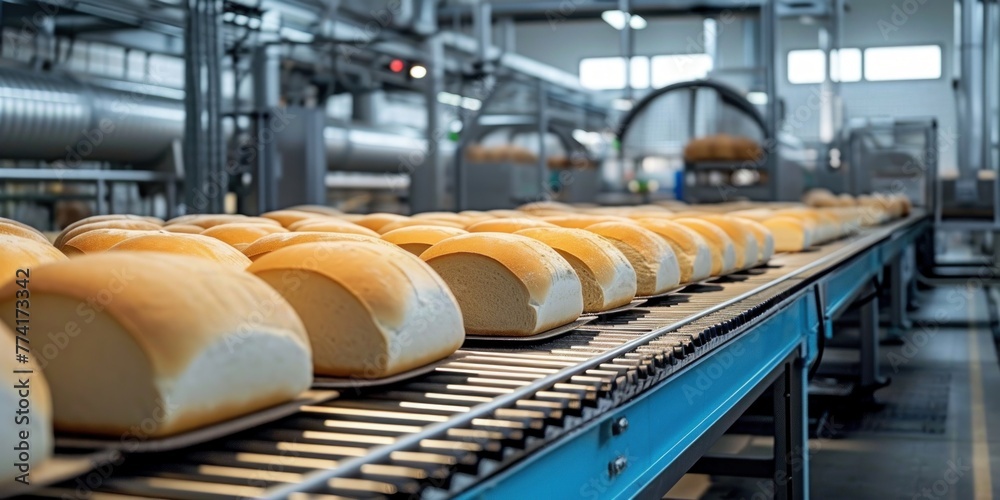 In the state-of-the-art bakery plant, the production line efficiently processes fresh wheat grain into white loaves of bread on the automated conveyor, Generative AI 