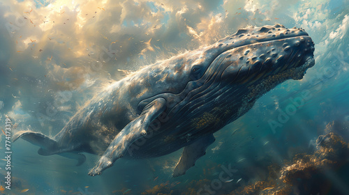 Giant whale diving in the ocean, whale swimming in the sea © AI Vision Studio
