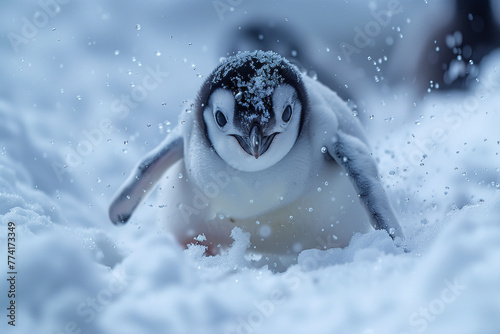 Baby penguin walking on snow, scene of baby penguin on snow background.