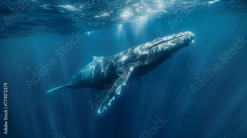 Giant whale diving in the ocean  whale swimming in the sea