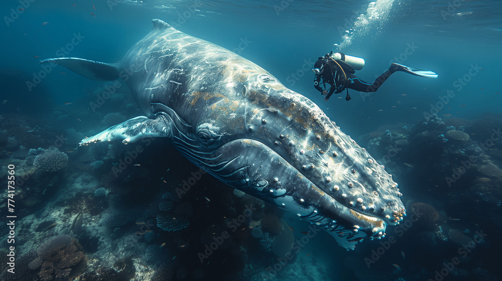Fototapeta premium giant whale and diver under the sea with a diver, a scene of a diver swimming with a whale in the ocean.
