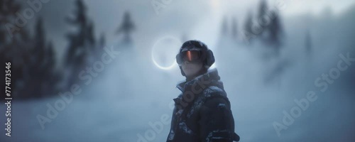 Portrait of steampunk girl wearing a glasses standing with nimbus in front of gray forest foggy background. Anamorphic 4K photo