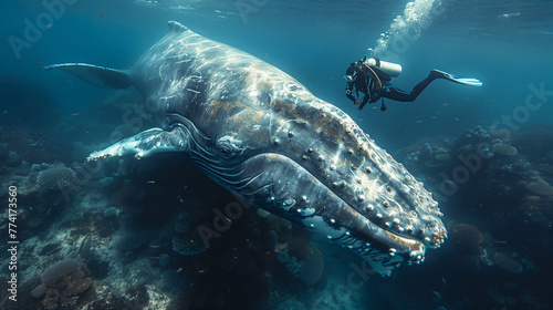 giant whale and diver under the sea with a diver, a scene of a diver swimming with a whale in the ocean. © AI Vision Studio