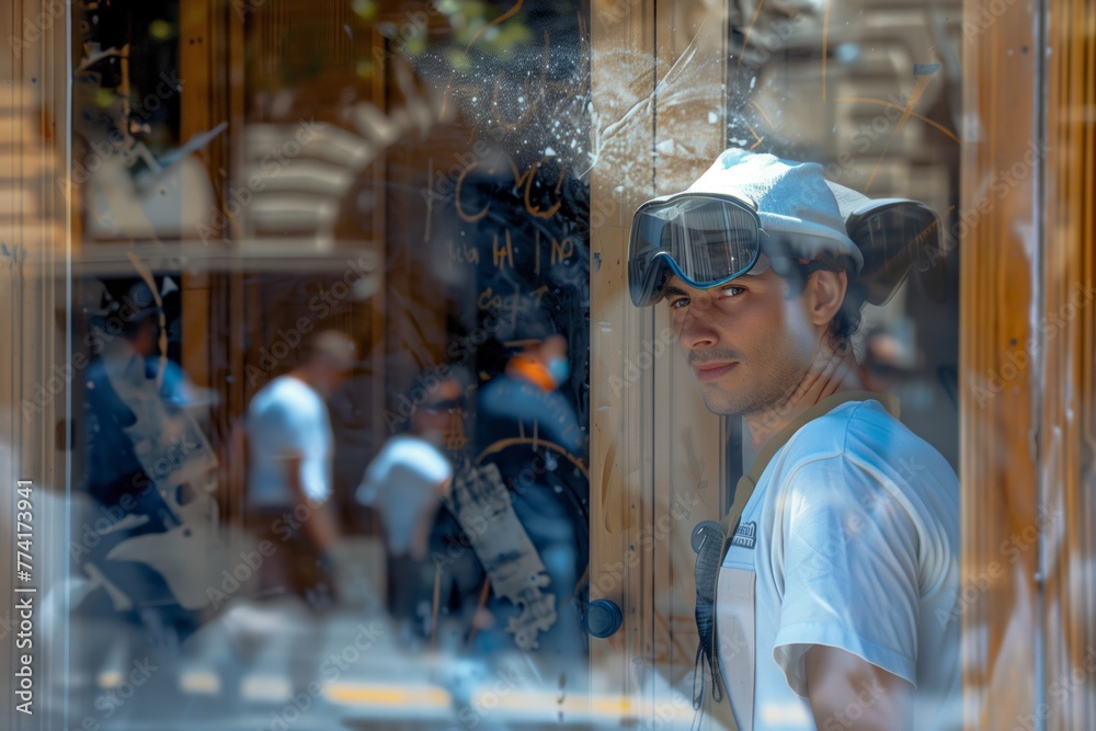 Focused Window Cleaner with City Reflection Focused Window Cleaner with City Reflection