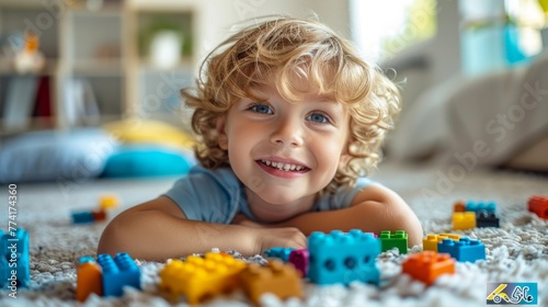 A 3-year-old child plays with toys in his room, teddy bear, toys, construction set, colored cubes photo