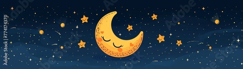 Smiling moon with stars, cute night icon, simple vector, digital, soft yellow and dark blue hues