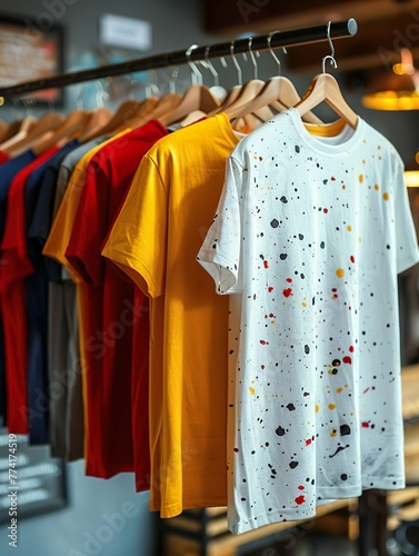 Camisetas minimalistas simples com cores diferentes penduradas em um cabide em uma loja photo