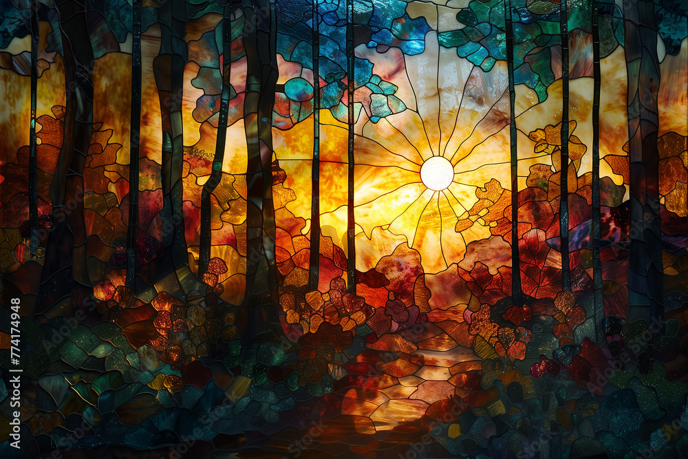 Stained glass forest at sunrise.