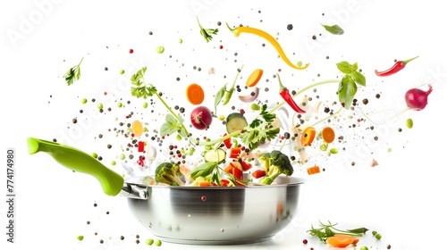 Dynamic Salad Toss in the Air Captured on a White Background. Fresh Ingredients Flying, Perfect for Healthy Lifestyle Promotion. High-Speed Photography in Action. AI