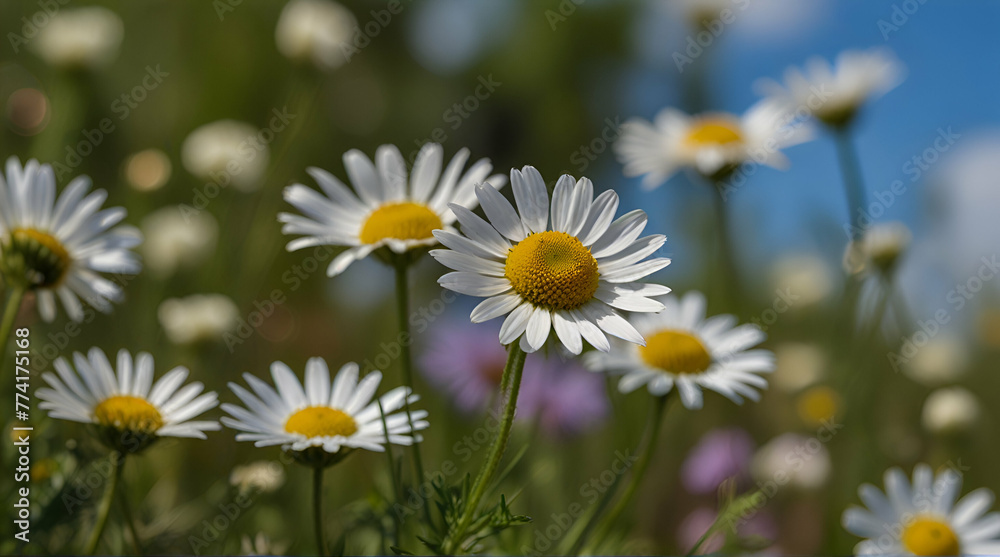 Beautiful field meadow flowers chamomile, blue wild peas in morning against blue sky with clouds, nature landscape.generative.ai