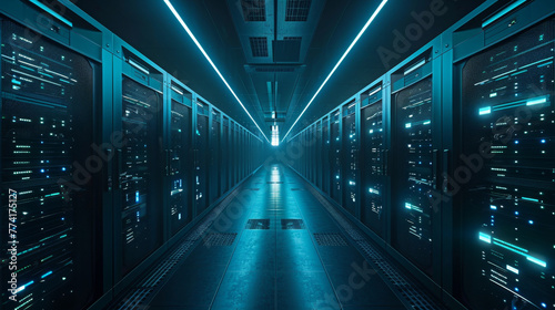 Future concepts: data centers, intelligent warehouses, digitized lines of information flowing through servers. SAAS, cloud computing, Web services