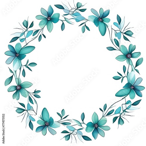 Turquoise thin barely noticeable flower frame with leaves isolated on white background pattern 