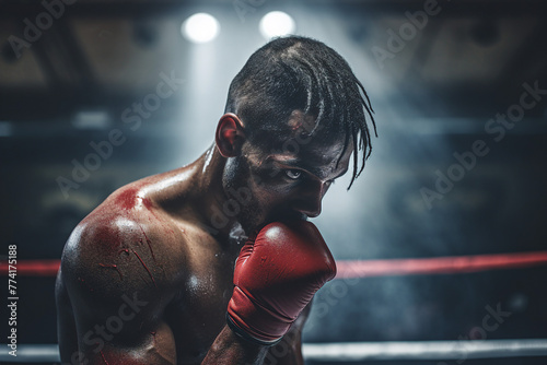 Generative AI image of boxer with a determined look in eyes wearing a boxing gloves