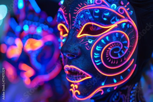 Vivid neon masks at a retro carnival detailed closeup on the intricate designs and electric hues
